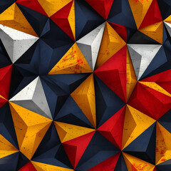 A vibrant geometric pattern featuring 3D triangular shapes in various colors.