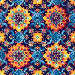 A vibrant floral pattern with intricate designs in blue, orange, and yellow hues.