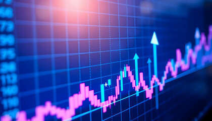 stock market chart, candlestick graph, upward trend, financial data, digital display, blue background, orange arrow, trading analytics, economic growth, investment visualization, glowing numbers, data