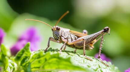 Fototapeta premium Close up of grasshopper perched on vibrant green leaf in colorful natural background : Generative AI
