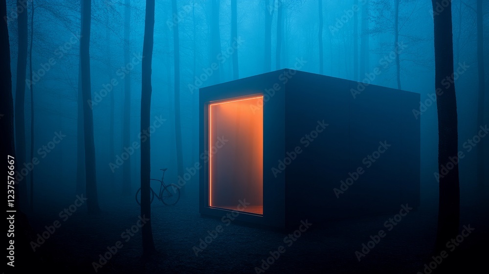 Poster mysterious illuminated cube in foggy forest path