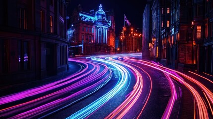 Obraz premium Night city street, light trails, buildings, urban scene, travel photography