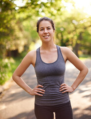 Running, happy and fitness with woman in road for marathon practice, workout and cardio. Wellness, exercise and sports training with portrait of person in nature for race, energy and athlete progress