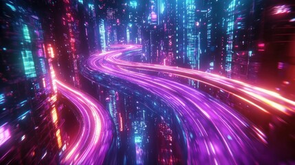 Obraz premium Neon city highway, futuristic traffic flow, vibrant lights, digital cityscape