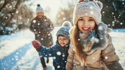 Happy family mother and children having fun on winter walk with snow falling