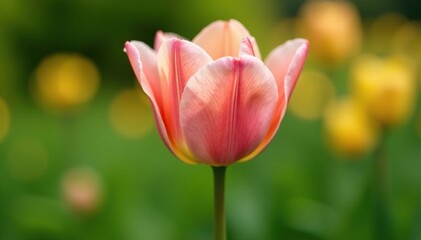 Fototapeta premium Soft pink tulip stem dissolves into green foliage, garden, yellow