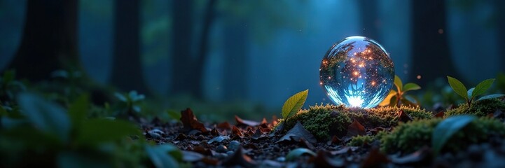 Sparkling reflective sphere on a dark and misty forest floor, night, nature, sphere