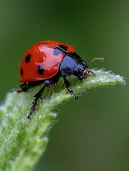 Fototapeta premium Detailed ladybug with classic red shell and black spots on a green leaf in the garden : Generative AI