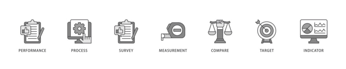 Benchmarking icon set flow process which consists of performance, process, survey, measurement, compare, target, and indicator icon live stroke and easy to edit .