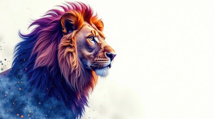 Majestic Lion with Vibrant, Iridescent Mane, Profile View Against a Soft White Background