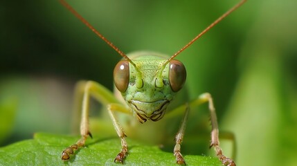 Green Katydid Perched on Leaf with Intricate Antennae and Natural Green Camouflage : Generative AI