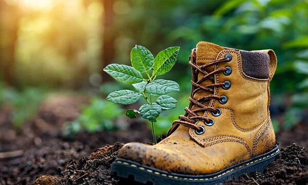 A rugged boot resting on rich soil beside a young plant, symbolizing growth in nature