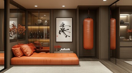 Serene Minimalist Home Gym with Orange Accents and Zen Decor