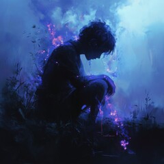 Obraz premium Contemplative Boy Surrounded by Dreamy, Colorful Atmosphere
