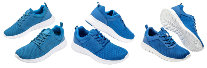 Blue Sneakers Floating Composition, Five Shoes, Isolated on White Background, Athletic Footwear, Sneakers, Sports Shoes, Footwear