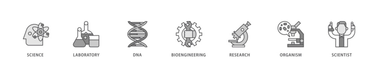 Biotechnology icon set flow process which consists of scientist, bioengineering, organism, research, dna, laboratory, science icon live stroke and easy to edit .