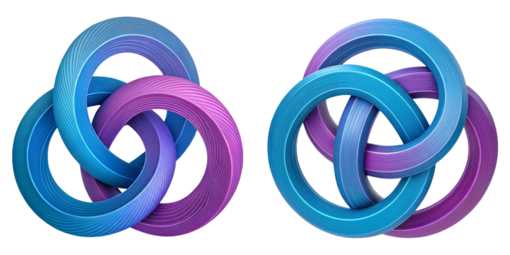Abstract Intertwined Rings 3D Render, Blue Purple Gradient, Isolated on White Background, Abstract, 3D Render, Gradient