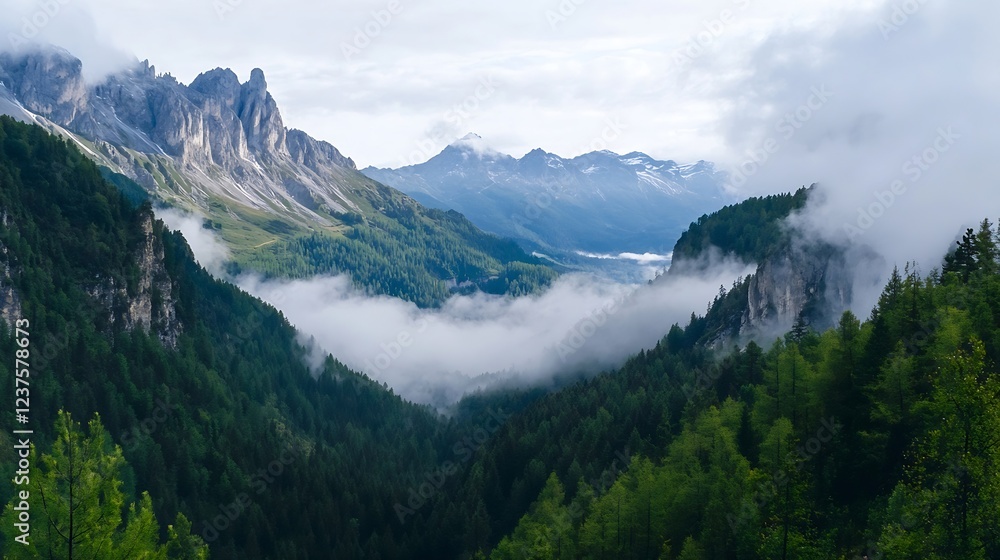 Aufkleber majestic mountain range with lush green valleys and misty clouds : generative ai