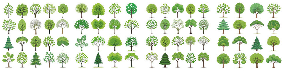 Collection of 60 Cartoon Green Trees Isolated on White Background, Treetop, Nature, Trees, Cartoon, Illustration