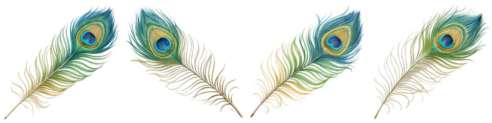 Obraz premium Four Peacock Feathers Composition Isolated on White Background, Bird, Nature, peacock, feather, illustration