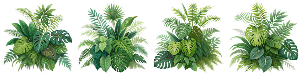Tropical Jungle Plants Composition Four Lush Green Vertical Arrangements, Isolated on White Background, Tropical, Plants, Illustration