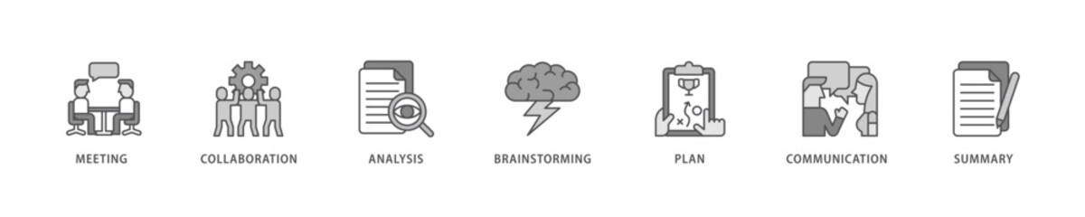 Brief icon set flow process which consists of meeting, collaboration, analysis, brainstorming, plan, communication, and summary icon live stroke and easy to edit .