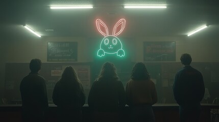 Neon Bunny Sign Above Four Silhouetted Friends
