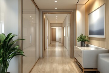 Sleek contemporary surgical corridor in a private clinic or veterinary operating room with sliding doors 3D rendering