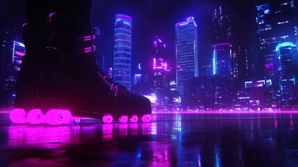 Neon City Nightscape Roller Skater Adventure