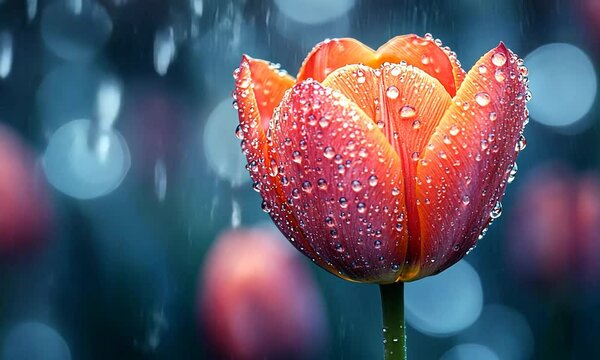 Close-up of a vibrant red tulip covered in dew drops, set against a softly blurred garden background