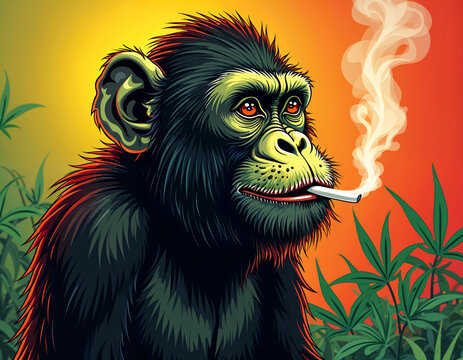 Rasta Orang Utan monkey ape As Animal smoking ganja weed illustration generative ai