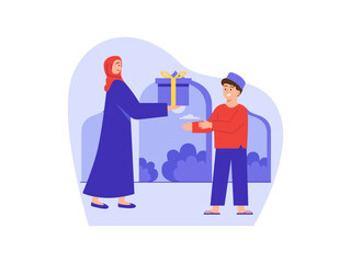 Muslim mother gifting child Illustration. Fasting ramadan illustration. Flat vector illustration concept.