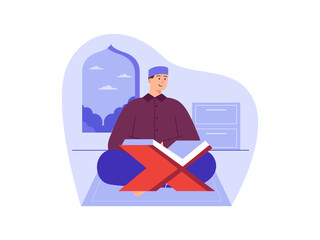 Muslim man reading Quran Illustration. Fasting ramadan illustration. Flat vector illustration concept.