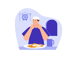 Islamic man praying before meal Illustration. Fasting ramadan illustration. Flat vector illustration concept.