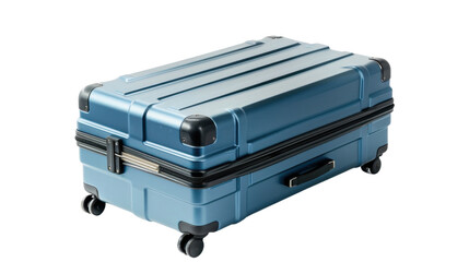 Large blue suitcase with wheels and transparent background, ready for travel