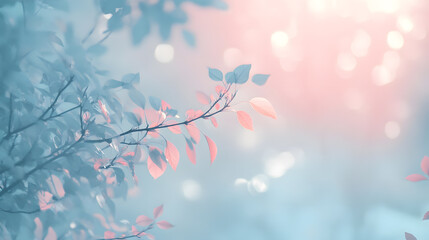 Mist swirls around delicate, soft leaves, creating a peaceful, dreamy scene of natural beauty with subtle pink and blue tones.
