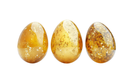 Three golden easter eggs with gold flakes on transparent background