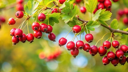 Fresh hawthorn berries hang from a bare branch with green leaves in late summer, foliage, nature