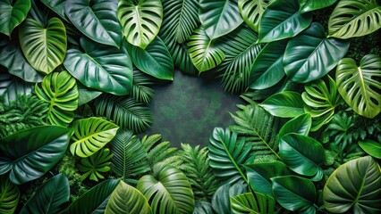 Fototapeta premium Dense foliage with large tropical green leaves in a circular pattern, forest, leaves, forest, leaves, nature, plant