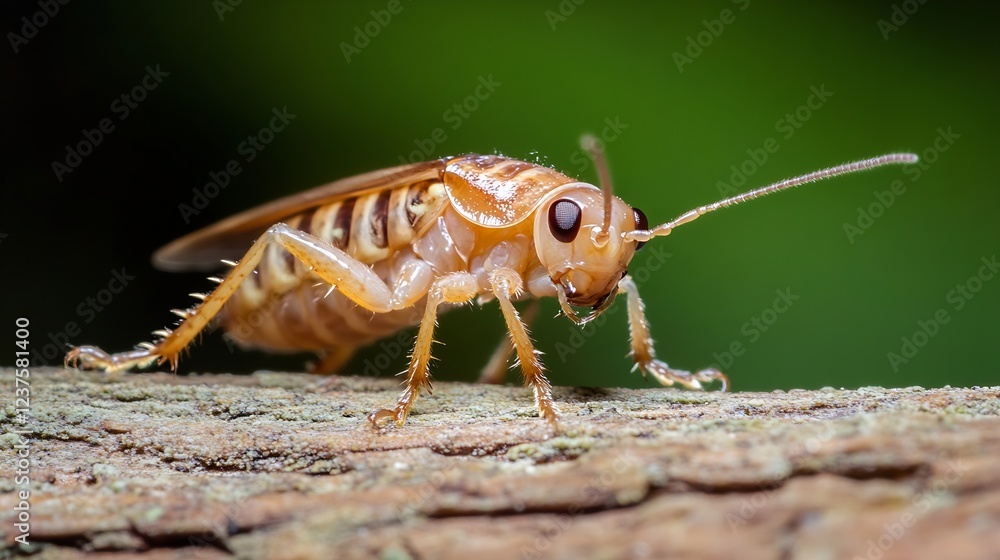Poster macro shot of light brown insect crawling on a tree bark : generative ai