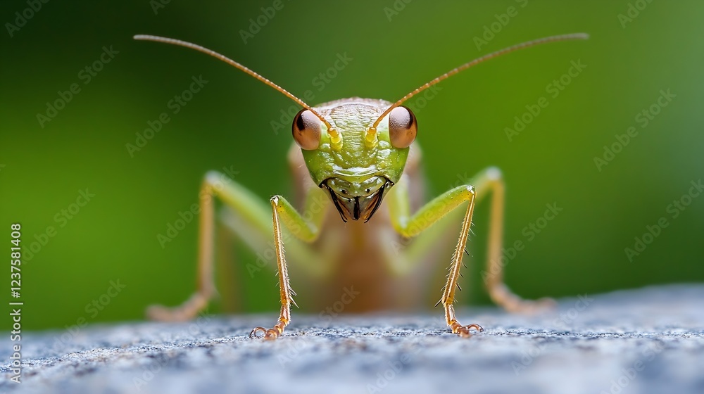 Aufkleber Green Praying Mantis Staring Intently with Smooth Pebble Background in Nature : Generative AI