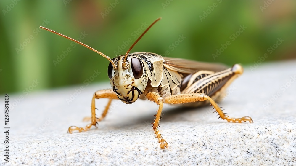 Aufkleber Closeup of a Grasshopper on a Stone with Green Blurred Background : Generative AI