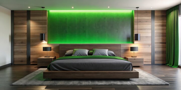 A minimalist modern bedroom with a predominantly black and green color scheme featuring a sleek wooden headboard and contemporary LED lighting fixtures, bedroom, minimalist