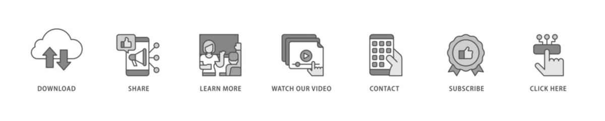 Call to action icon set flow process which consists of  click here, watch our video, subscribe, contact, learn more, share, download icon live stroke and easy to edit .