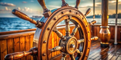 Navigation instruments on a wooden ship's wheel, ocean, steering,  ocean, steering,navigation