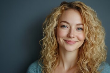 Smiling blonde woman with curly hair against a gray backdrop