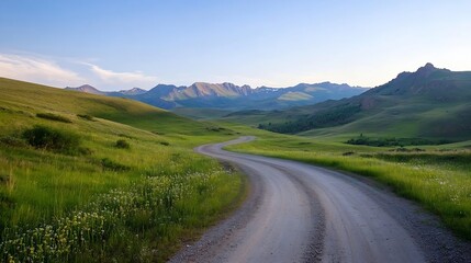 Fototapeta premium Scenic Rural Dirt Road Leading Through Green Hills and Mountains at Sunset : Generative AI