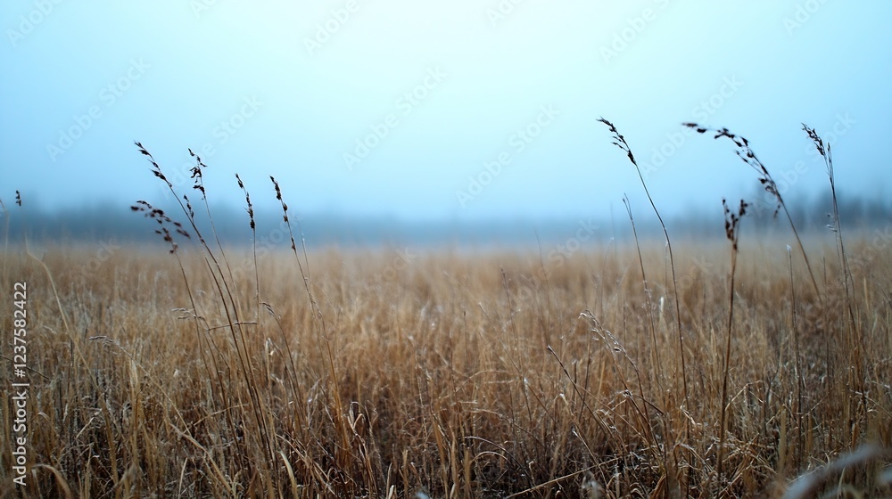 Poster misty dawn over tranquil grass field creating atmospheric serenity : generative ai