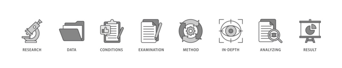 Case study icon set flow process which consists of research, data, conditions, examination, method, in-depth, analyzing, and result icon live stroke and easy to edit .