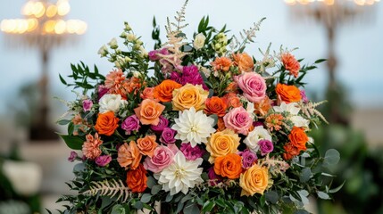 Bouquet Outdoor and Chandeliers, A vibrant bouquet of mixed flowers featuring roses and dahlias in various colors, elegantly arranged for a festive occasion.